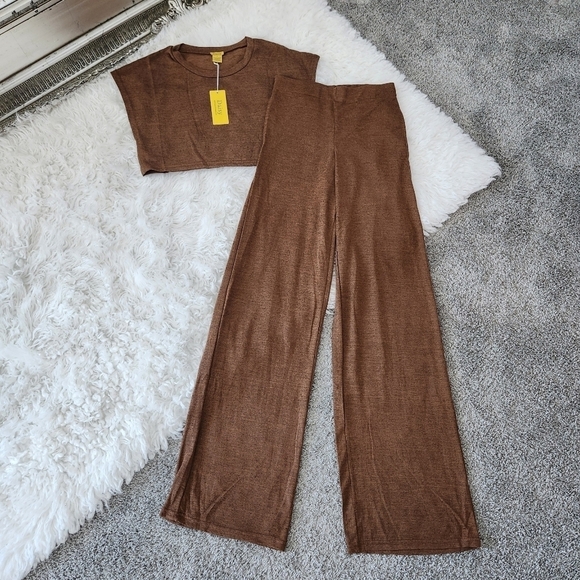 Daisy Pants & Crop Top Set. Brushed Knit High Waist Wide Leg Pants. Color Mocha. - Picture 3 of 14